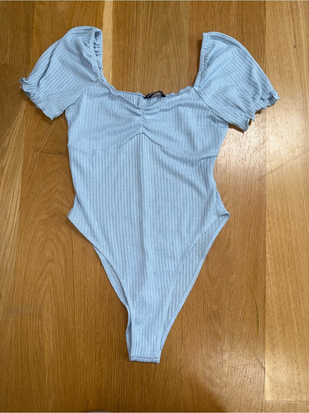SHEIN Light Blue Ribbed Puff-Sleeve Bodysuit